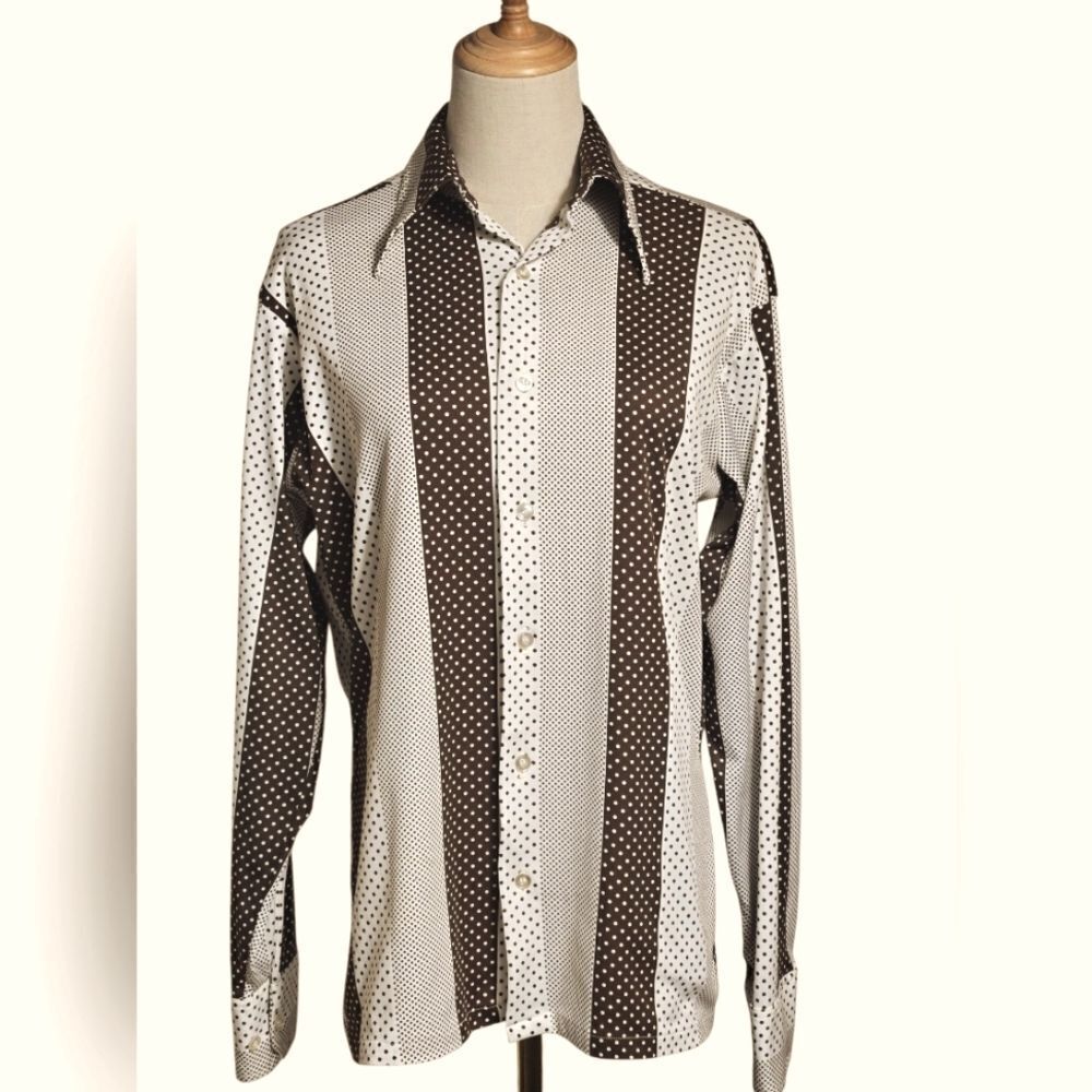 Lew Magram Vintage Men's Disco Polka Dot Striped Shirt - Brown and White